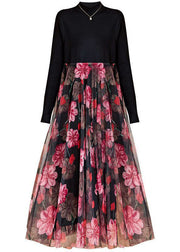 Boutique Black High Neck Patchwork Tulle Print Knit Maxi Dresses Spring