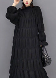 Boutique Black High Neck Thick Pleated Knit Sweater Dress Winter