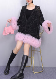 Boutique Black Hollow Out Patchwork Tulle Knit Cardigan Spring