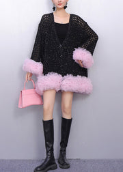 Boutique Black Hollow Out Patchwork Tulle Knit Cardigan Spring