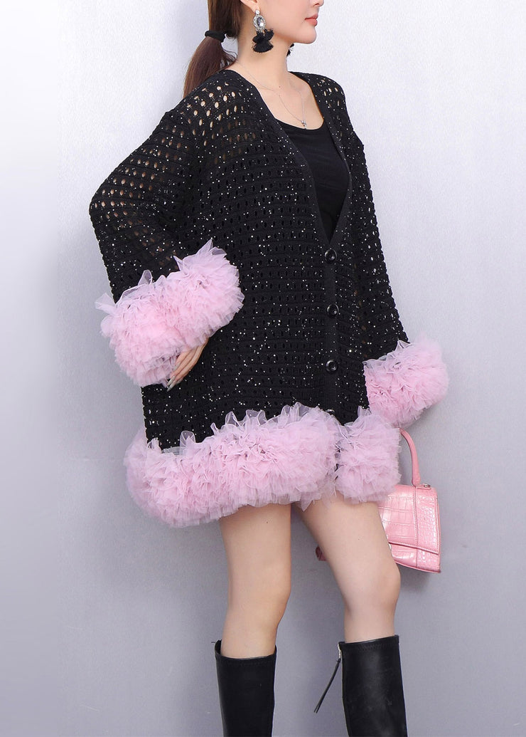 Boutique Black Hollow Out Patchwork Tulle Knit Cardigan Spring