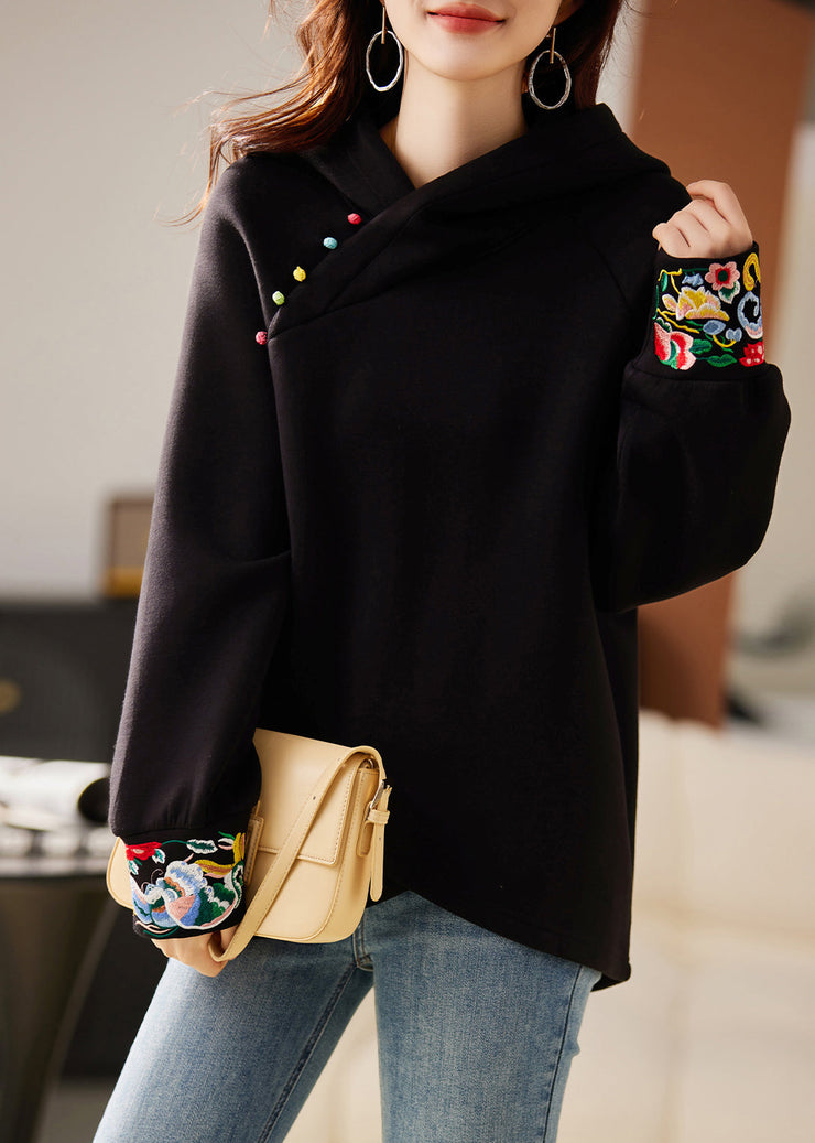 Boutique Black Hooded Embroidered Warm Fleece Sweatshirts Top Spring