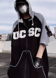 Boutique Black Hooded Patchwork Cotton Men Sweatshirt Short Sleeve