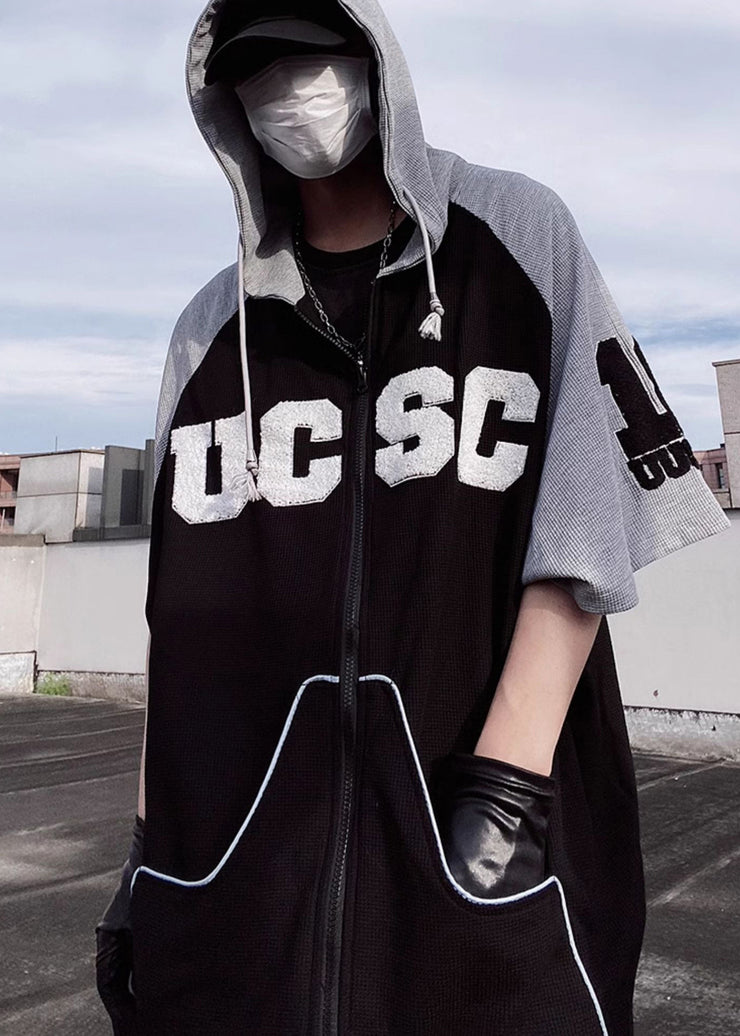 Boutique Black Hooded Patchwork Cotton Men Sweatshirt Short Sleeve