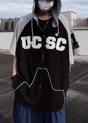 Boutique Black Hooded Patchwork Cotton Men Sweatshirt Short Sleeve