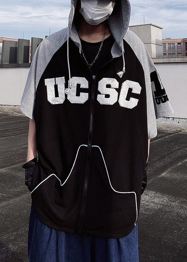 Boutique Black Hooded Patchwork Cotton Men Sweatshirt Short Sleeve
