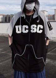 Boutique Black Hooded Patchwork Cotton Men Sweatshirt Short Sleeve