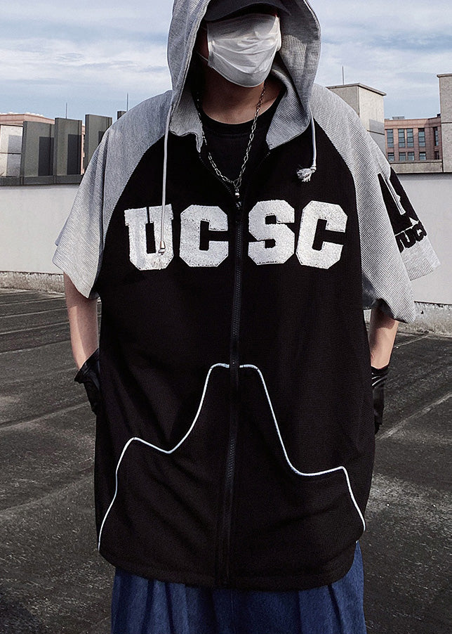 Boutique Black Hooded Patchwork Cotton Men Sweatshirt Short Sleeve