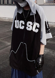 Boutique Black Hooded Patchwork Cotton Men Sweatshirt Short Sleeve