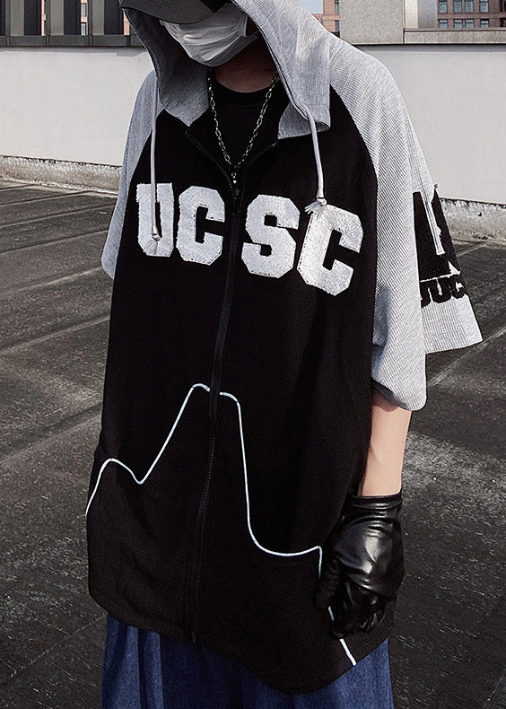 Boutique Black Hooded Patchwork Cotton Men Sweatshirt Short Sleeve