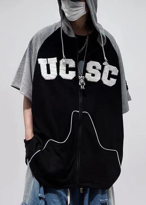 Boutique Black Hooded Patchwork Cotton Men Sweatshirt Short Sleeve