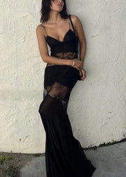 Boutique Black Lace Patchwork Silk Spaghetti Strap Dress Summer