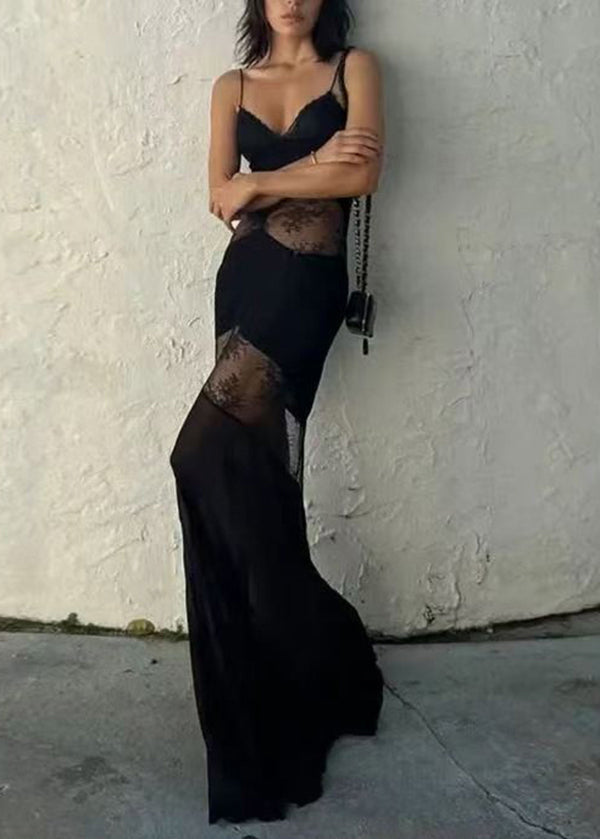 Boutique Black Lace Patchwork Silk Spaghetti Strap Dress Summer