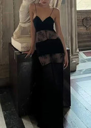 Boutique Black Lace Patchwork Silk Spaghetti Strap Dress Summer