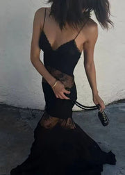 Boutique Black Lace Patchwork Silk Spaghetti Strap Dress Summer