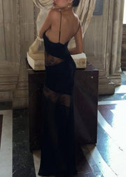 Boutique Black Lace Patchwork Silk Spaghetti Strap Dress Summer
