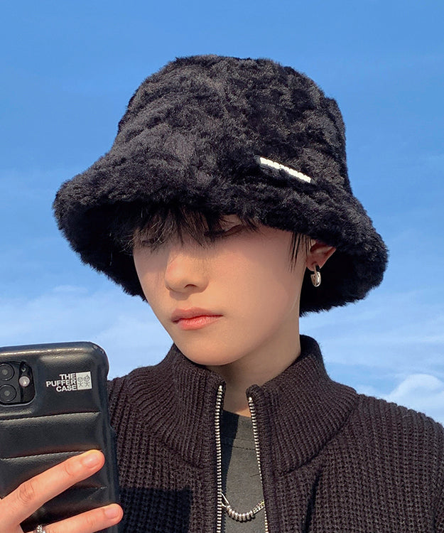 Boutique Black Men Warm Faux Fur Bucket Hat