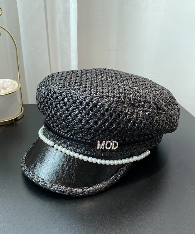 Boutique Black Nail Bead Zircon Straw Woven Beret Hat
