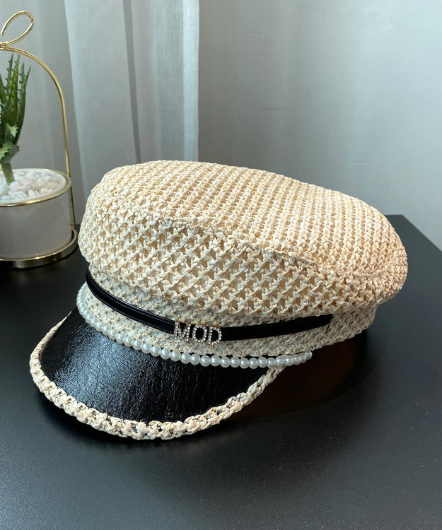 Boutique Black Nail Bead Zircon Straw Woven Beret Hat