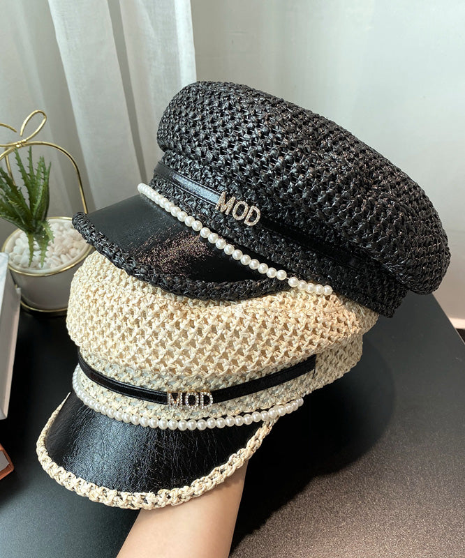 Boutique Black Nail Bead Zircon Straw Woven Beret Hat