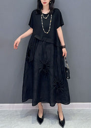 Boutique Black O Neck Cinched Patchwork Cotton Dress Summer