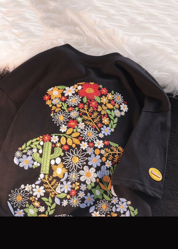 Boutique Black O Neck Embroideried Cotton Men T Shirt Summer