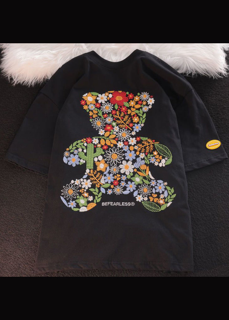Boutique Black O Neck Embroideried Cotton Men T Shirt Summer