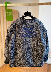 Boutique Black O Neck Pockets Print Fine Cotton Filled Jackets Fall