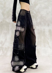 Boutique Black Oversized Patchwork Rivet Denim Straigh Pants Spring