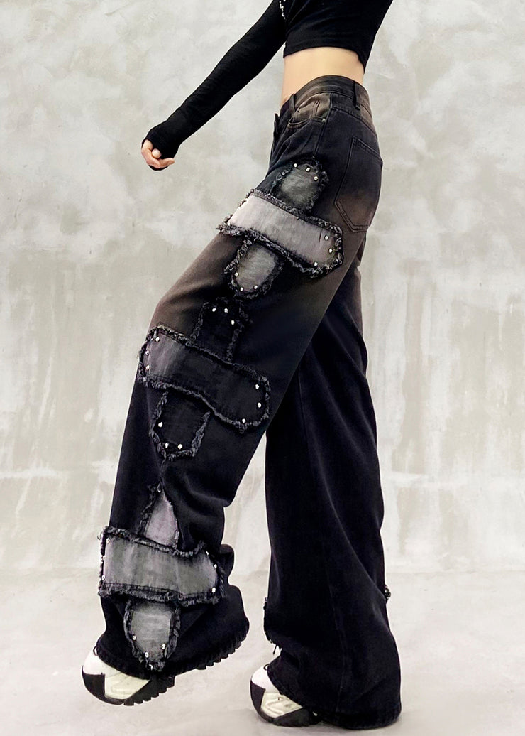 Boutique Black Oversized Patchwork Rivet Denim Straigh Pants Spring