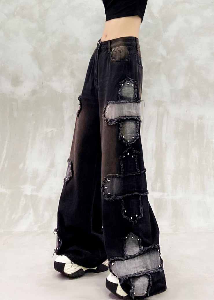 Boutique Black Oversized Patchwork Rivet Denim Straigh Pants Spring
