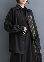 Boutique Black Oversized Print Cotton Tops Spring