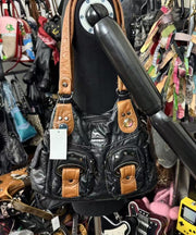 Boutique Black Patchwork Pockets Durable Faux Leather Shoulder Bags