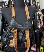 Boutique Black Patchwork Pockets Durable Faux Leather Shoulder Bags