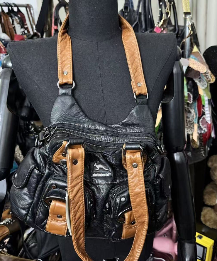 Boutique Black Patchwork Pockets Durable Faux Leather Shoulder Bags