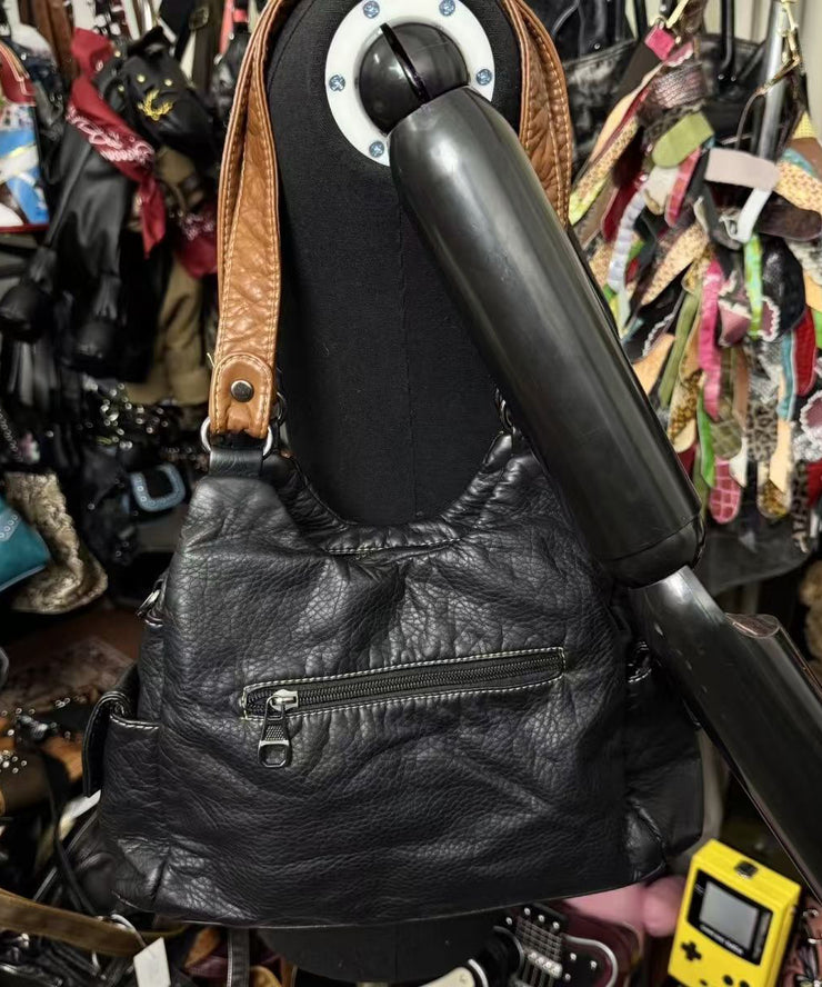Boutique Black Patchwork Pockets Durable Faux Leather Shoulder Bags