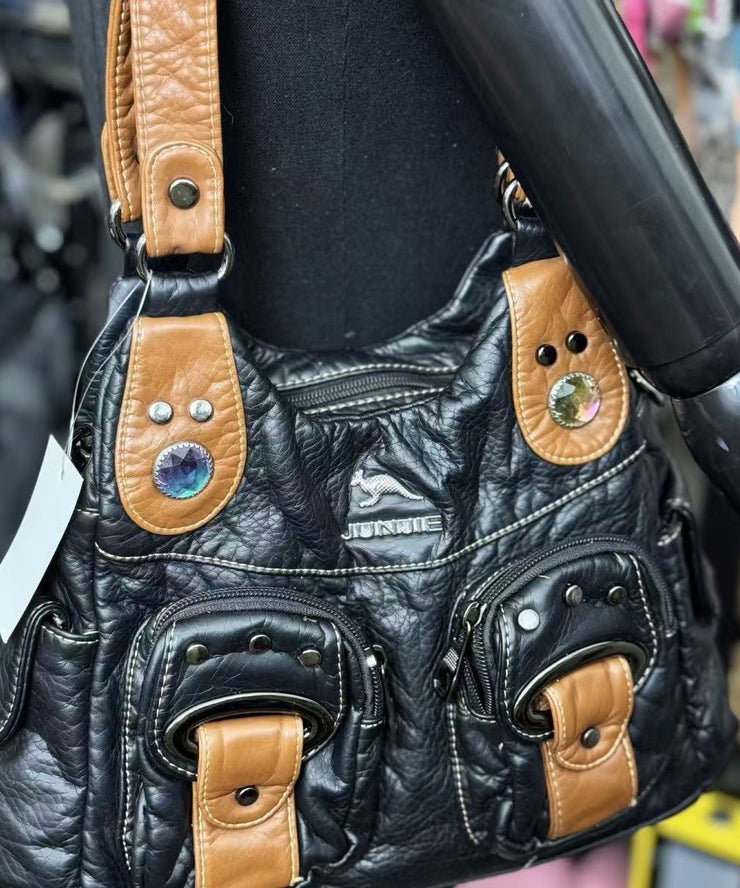 Boutique Black Patchwork Pockets Durable Faux Leather Shoulder Bags
