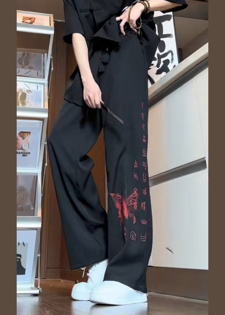 Boutique Black Pockets Butterfly Print Ice Silk Pants Men Summer