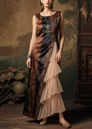 Boutique Black Print Ruffles Patchwork Silk Evening Dresses Sleeveless