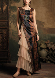 Boutique Black Print Ruffles Patchwork Silk Evening Dresses Sleeveless