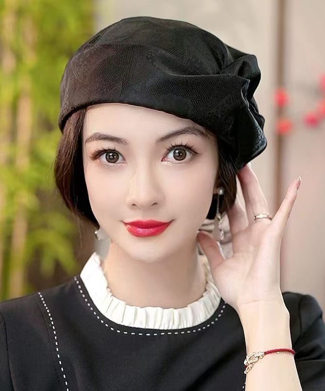 Boutique Black Print Wrinkled Silk Beret Hat