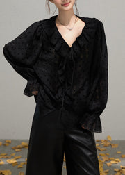 Boutique Black Ruffled Oversized Cotton Blouse Tops Fall