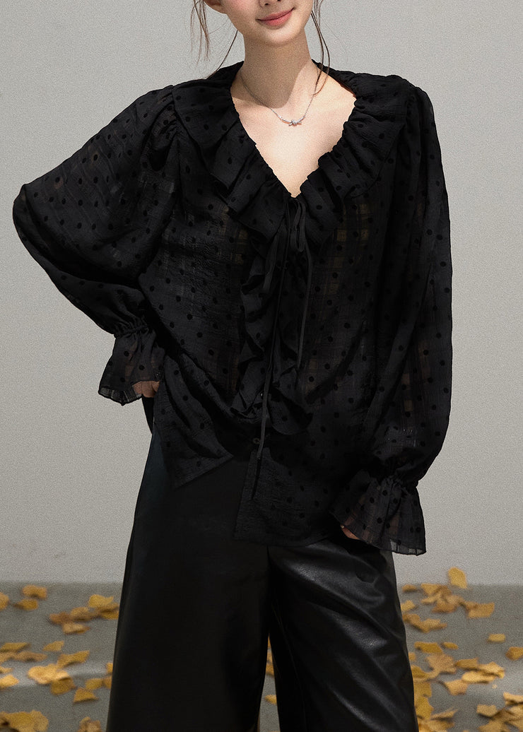 Boutique Black Ruffled Oversized Cotton Blouse Tops Fall