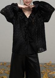 Boutique Black Ruffled Oversized Cotton Blouse Tops Fall