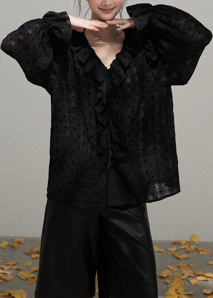 Boutique Black Ruffled Oversized Cotton Blouse Tops Fall