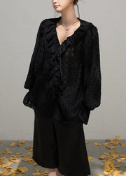 Boutique Black Ruffled Oversized Cotton Blouse Tops Fall