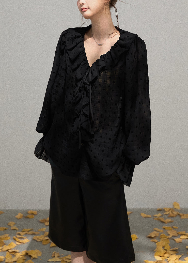 Boutique Black Ruffled Oversized Cotton Blouse Tops Fall