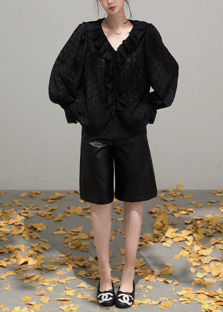 Boutique Black Ruffled Oversized Cotton Blouse Tops Fall