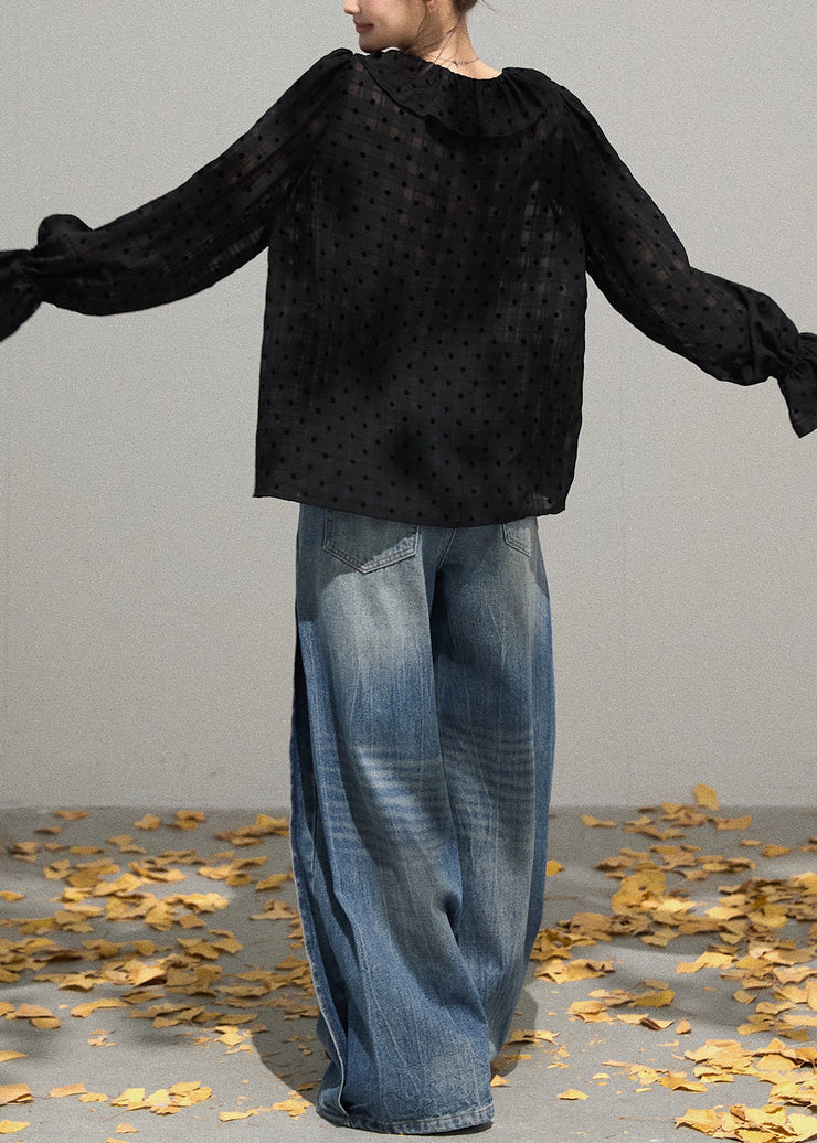 Boutique Black Ruffled Oversized Cotton Blouse Tops Fall