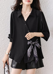 Boutique Black Scarf Tie Waist Cotton Shirts Fall